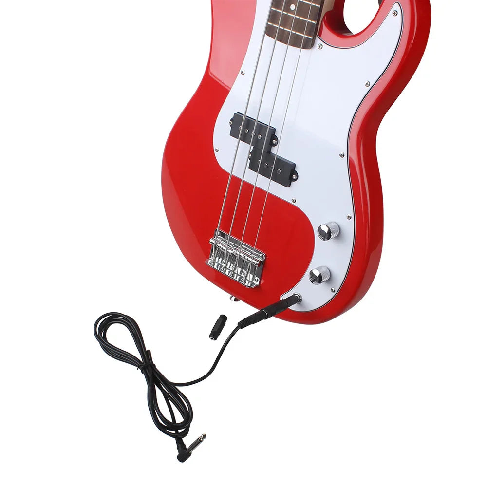 Red and white electric bass guitar with glossy finish and chrome hardware connected by 3m audio cable with 5mm connector