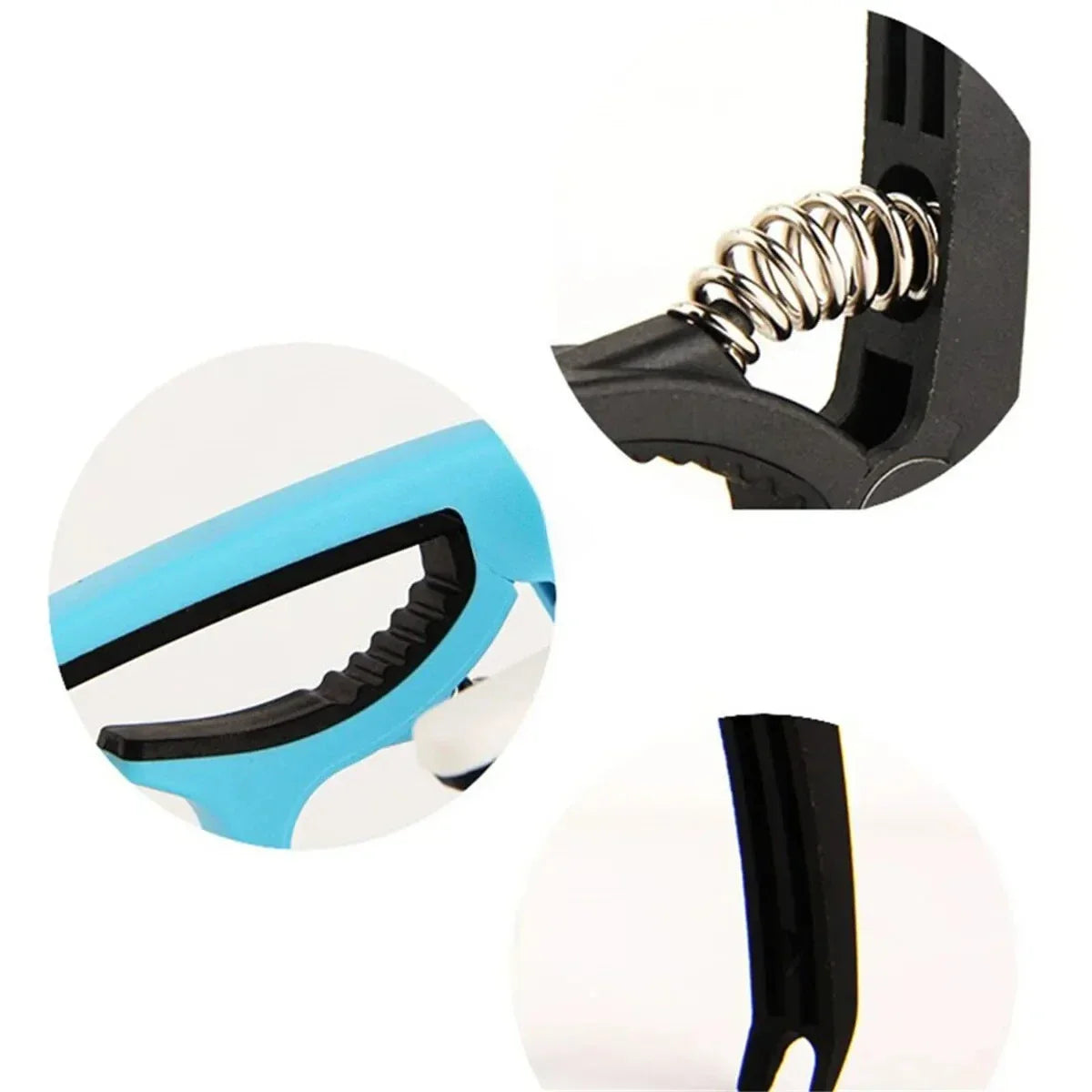 Blue and black plastic-handled guitar capo with metal spring mechanism for acoustic classic guitar and musical instrument ukulele
