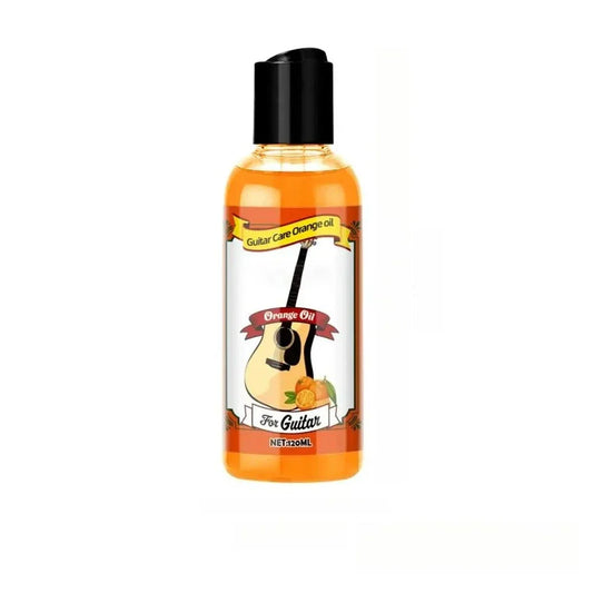 A clear plastic bottle with black cap containing orange guitar fretboard oil care oil cleaner for polish and cleaning kit
