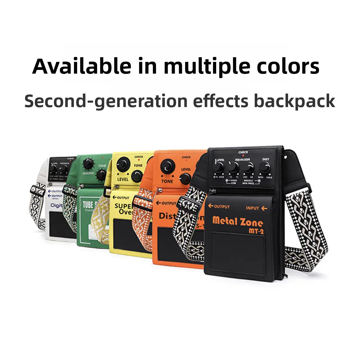 Black metal zone mt-2 second generation guitar effect backpack with patterned strap for crossbody musical instrument use