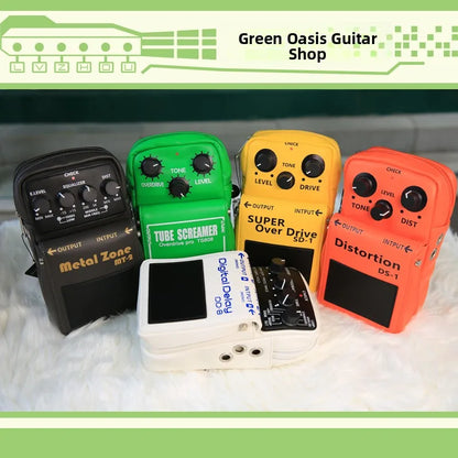 Colorful guitar effects pedals including metal zone mt-5 and tube screamer inside guitar effect backpack crossbody bag