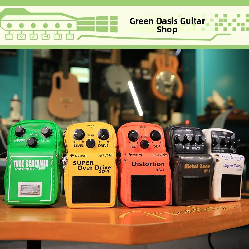 A vibrant green tube screamer overdrive pro ts809 guitar pedal displayed with a guitar effect backpack crossbody bag