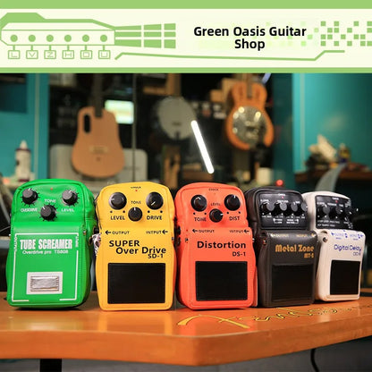 A vibrant green tube screamer overdrive pro ts809 guitar pedal displayed with a guitar effect backpack crossbody bag