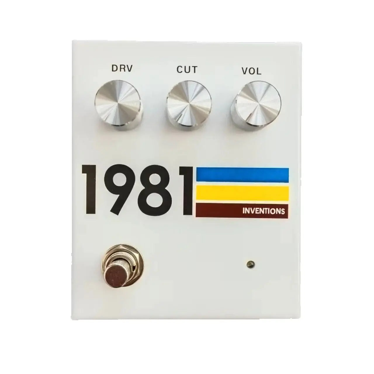White 1981 guitar effects pedal with three silver knobs labeled drv cut and vol featuring unique mid-frequency overdrive effect