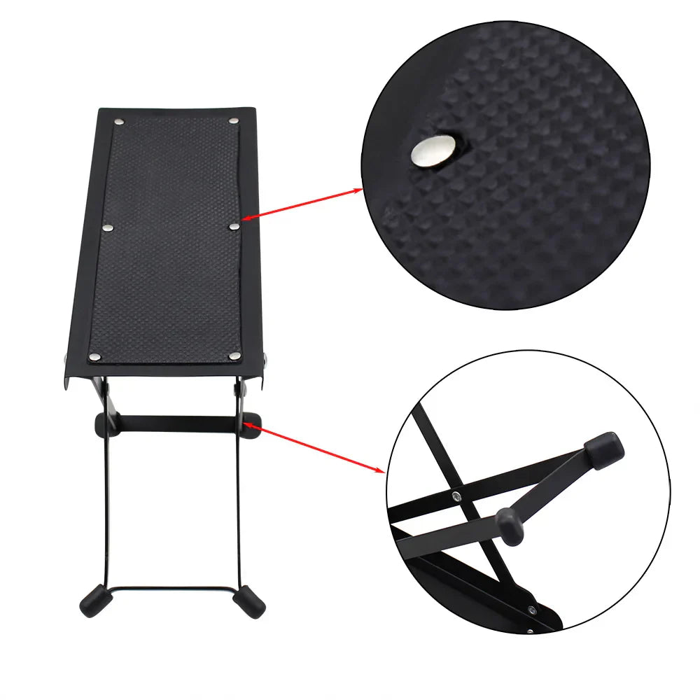 Black foldable guitar pedal foot rest with textured rubberized surface and padded footrest for guitar foot stool use