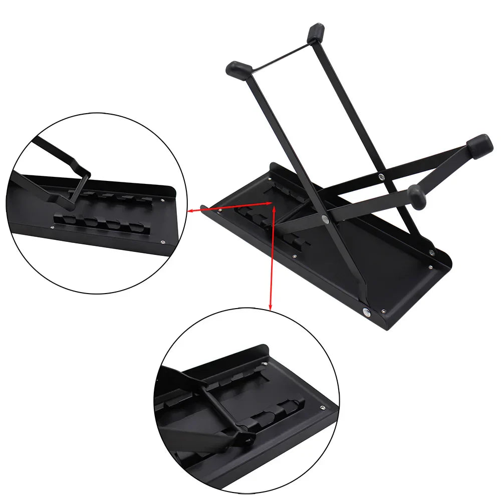 Black metal foldable guitar pedal foot rest with adjustable height and padded armrests for guitar foot stool use