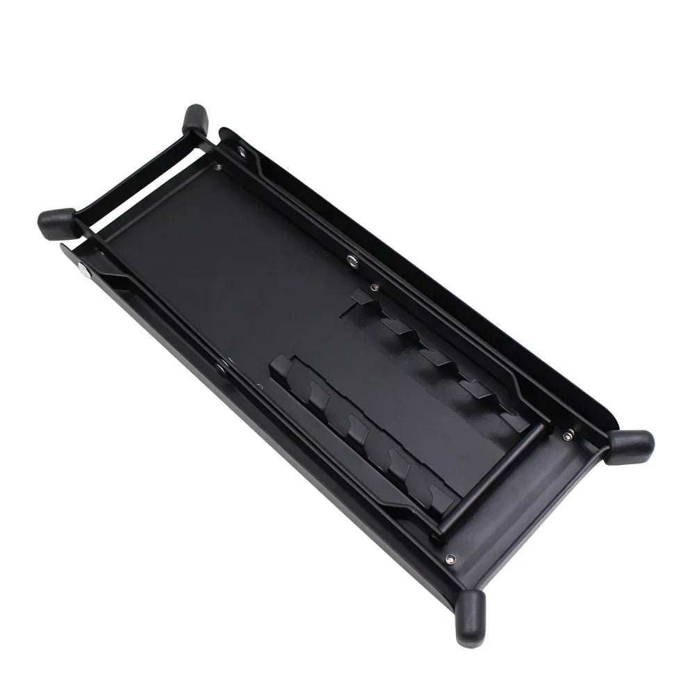 Black metal gun rack with molded plastic inserts designed for secure firearm storage and organization