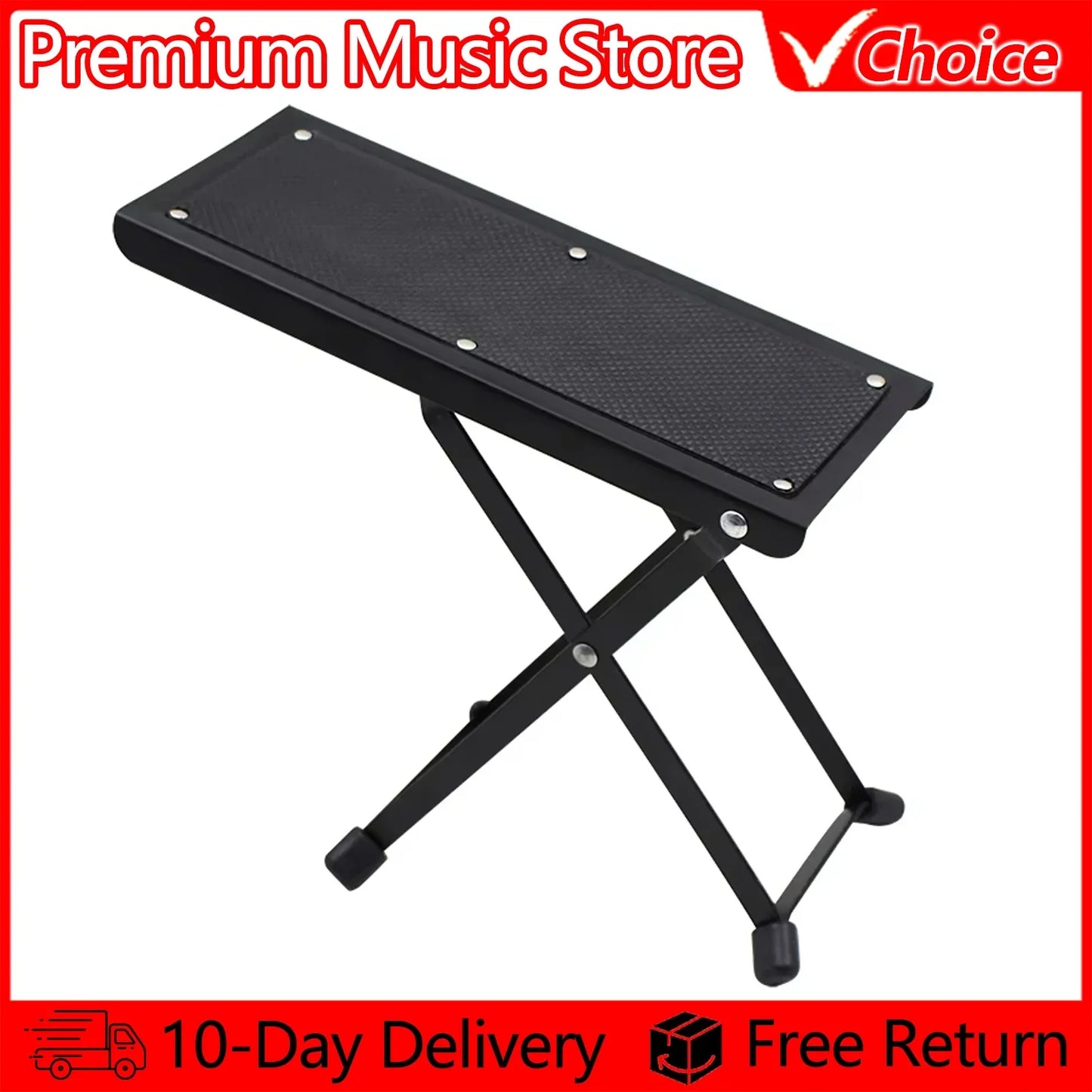 Black metal foldable guitar pedal foot stool with textured footrest surface and 4 position height adjustable design