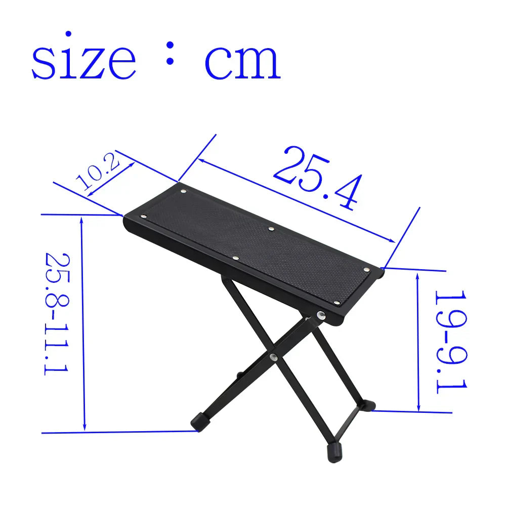 Black folding guitar foot stool with textured surface and metal legs for adjustable pedal foot rest use