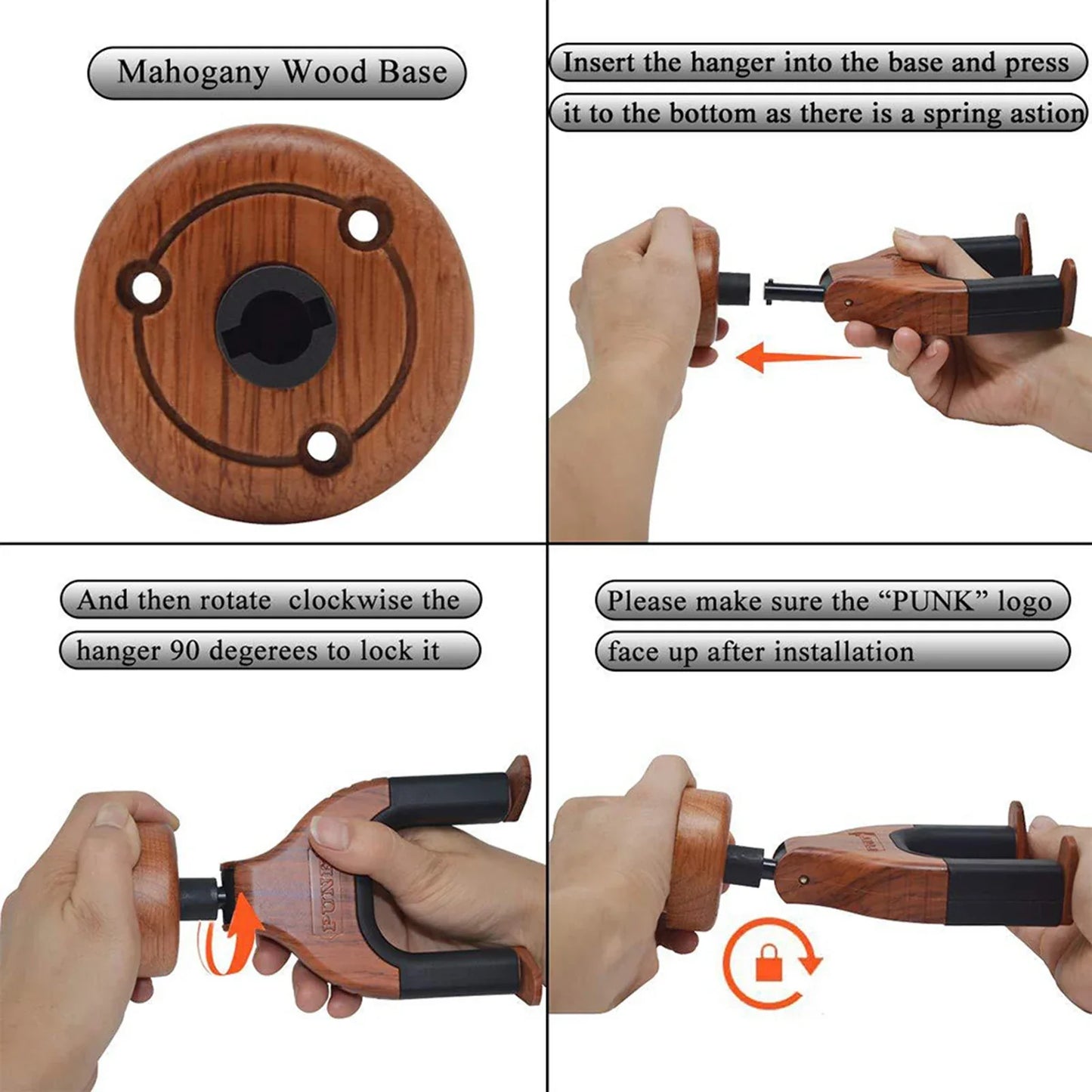 Mahogany wood guitar hanger wall hook with black rubber grips and punk logo for classical bass and electric classical bass guitars