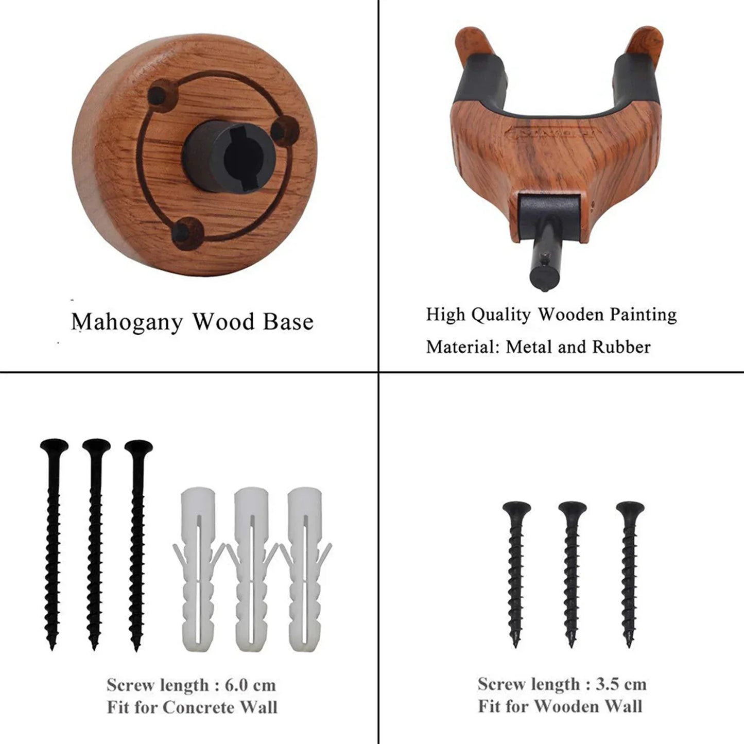 Mahogany wood guitar hanger wall mount with black rubber and metal accents for electric classical bass guitars