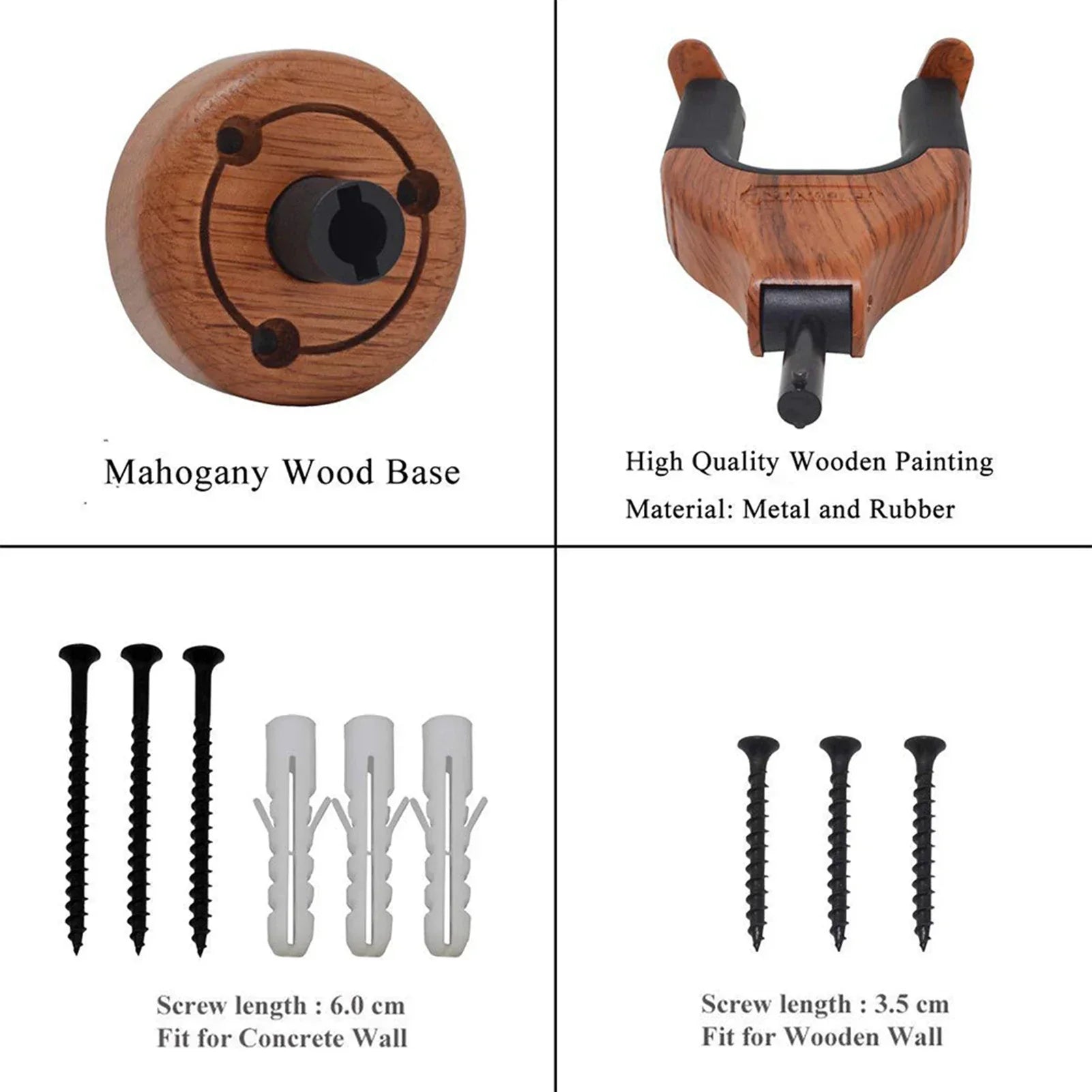 Mahogany wood guitar hanger wall mount with black rubber and metal accents for electric classical bass guitars