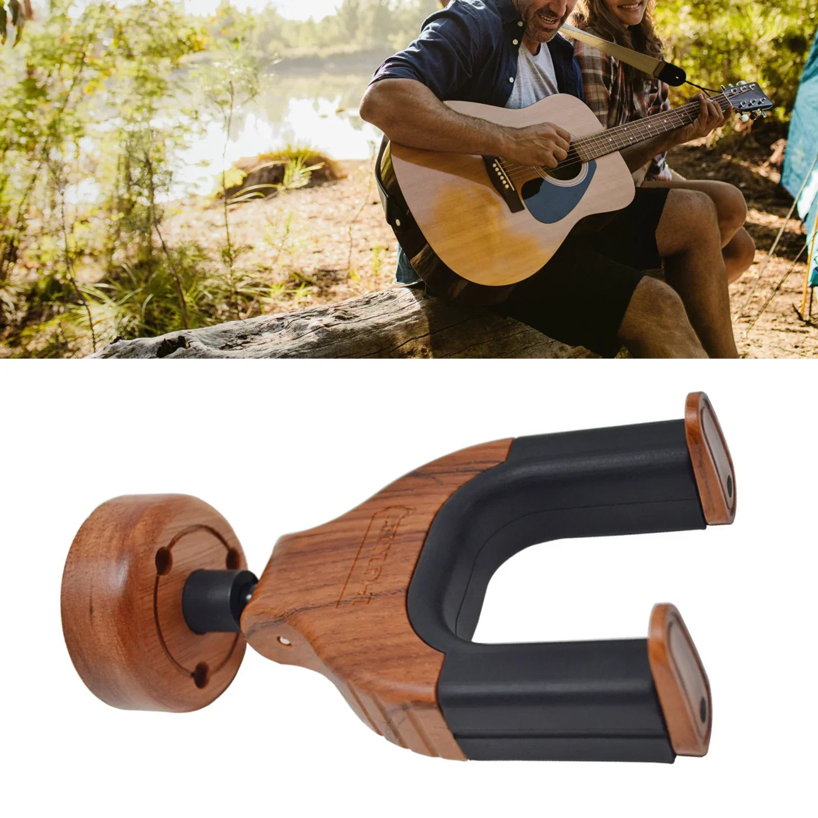 Wooden and black guitar hanger wall stand with circular mounting base for electric classical bass and acoustic guitars