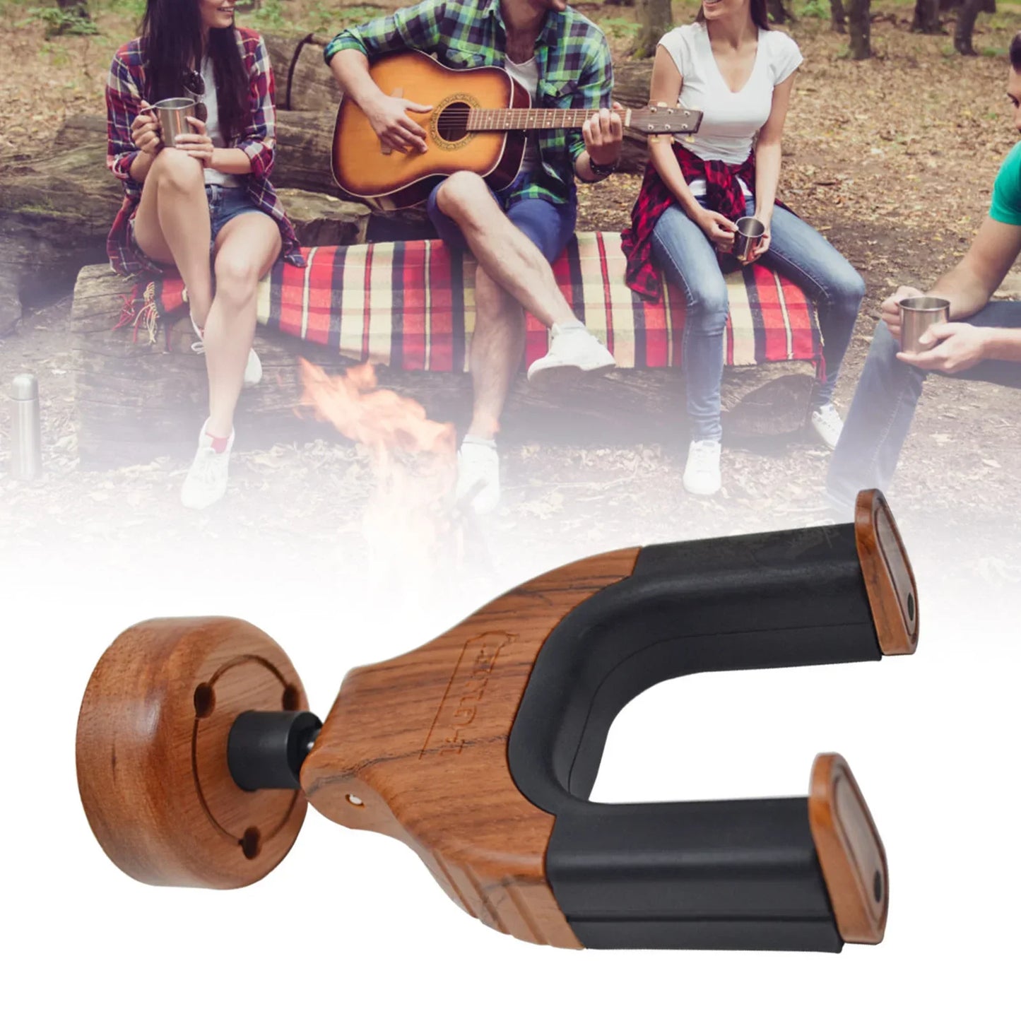 Wooden and black guitar hanger wall stand with circular wooden base for stable electric classical bass guitars display