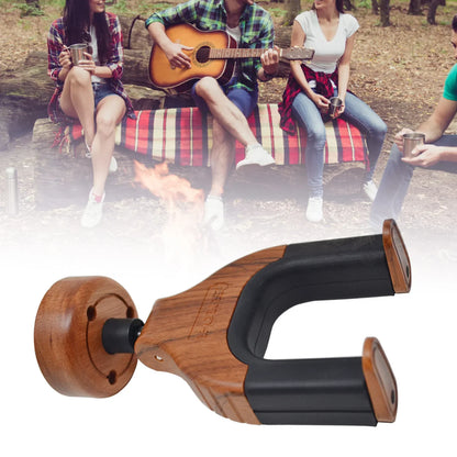 Wooden and black guitar hanger wall stand with circular wooden base for stable electric classical bass guitars display