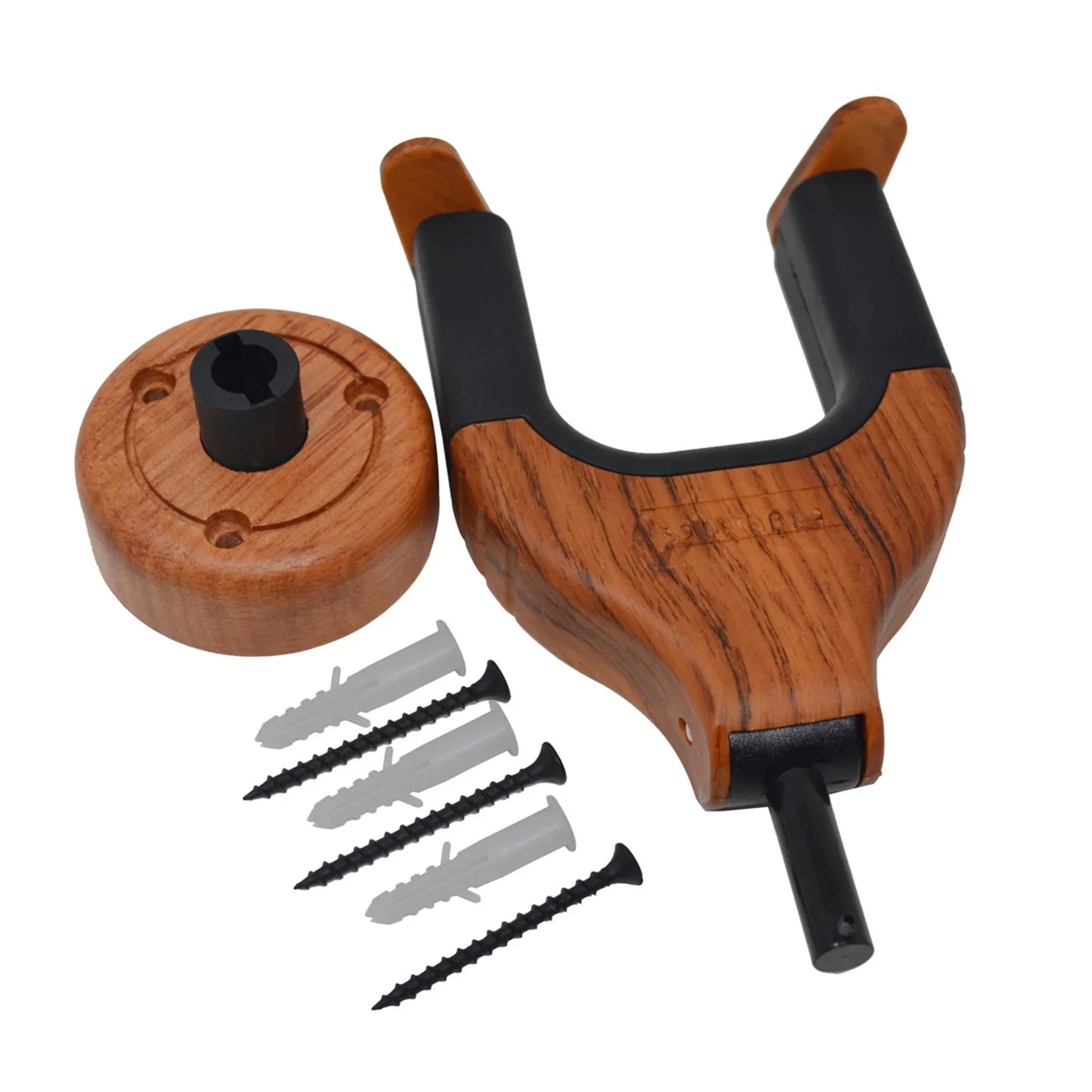 Wooden guitar hanger wall stand with black rubber grip and circular mount for electric classical bass guitars