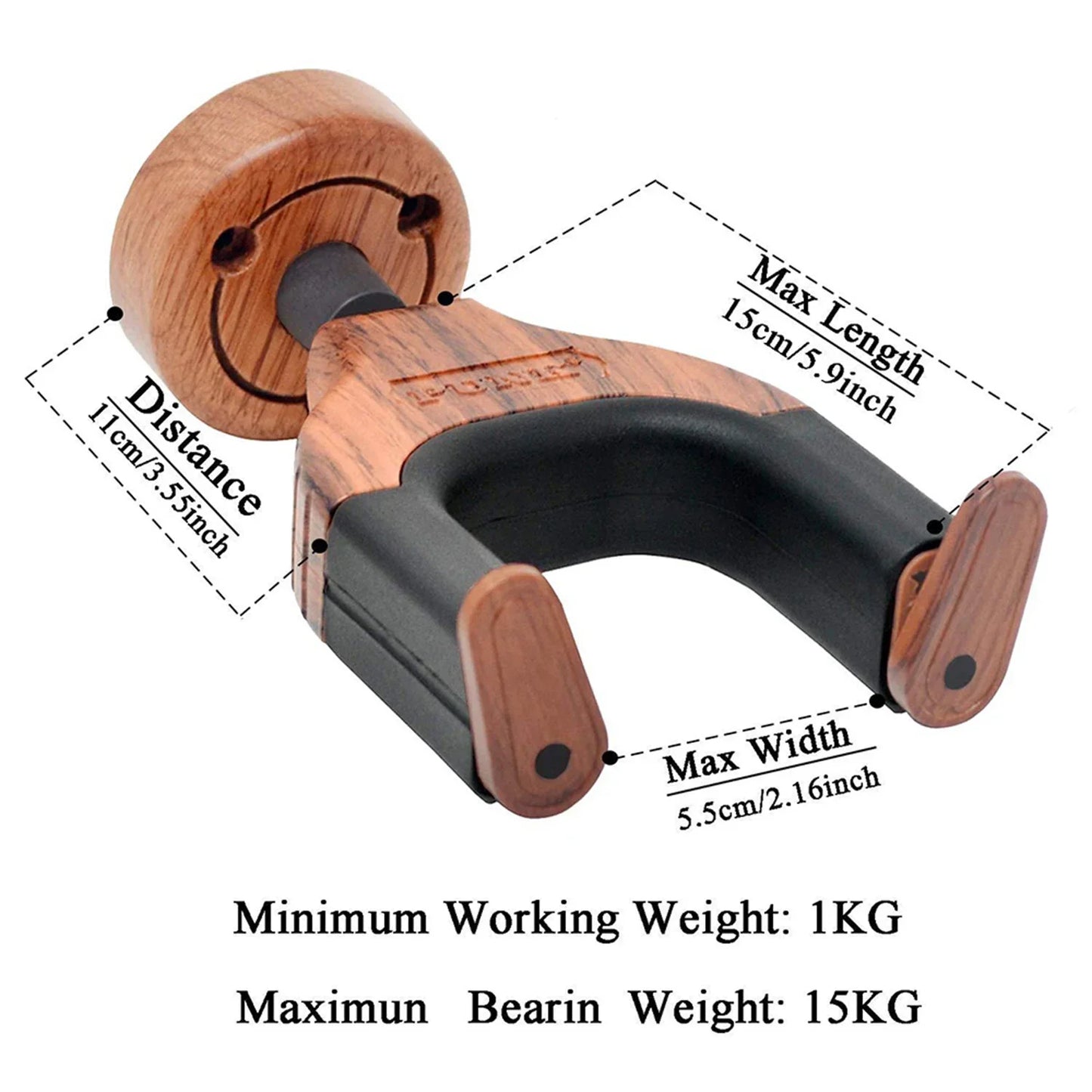 Wooden guitar hanger wall stand with carved smiling face, black rubber grips, and size labels for classical bass guitars