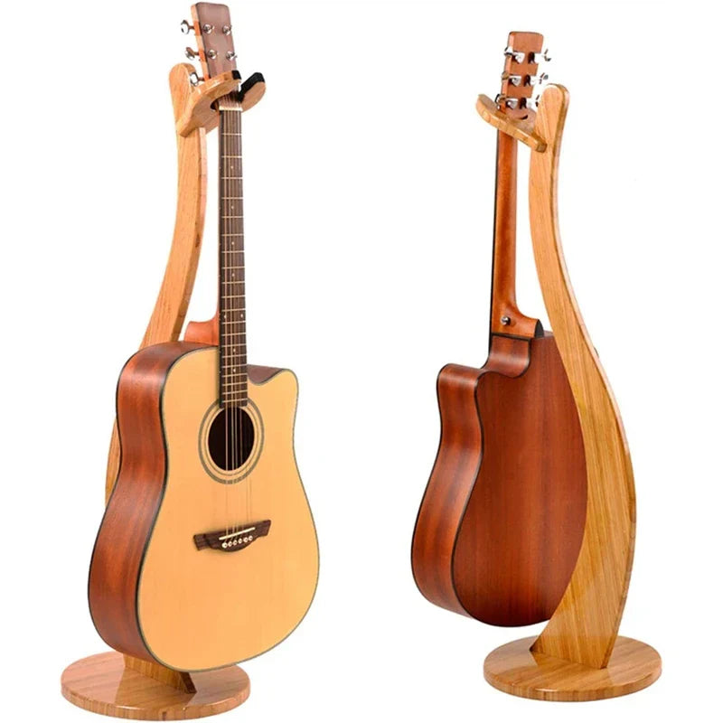 Light brown wooden guitar holder stand with curved design and circular base for electric guitars and upright ukulele stand