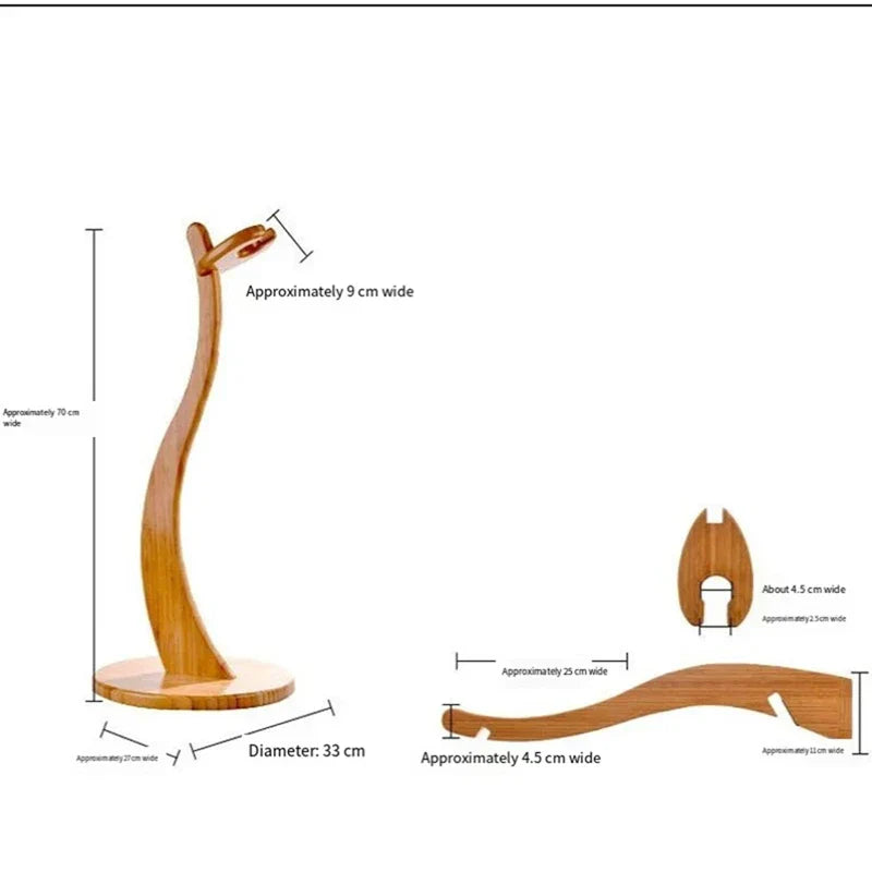 A sleek light brown wooden guitar holder stand with curved design and circular base for electric guitars and upright ukulele stand