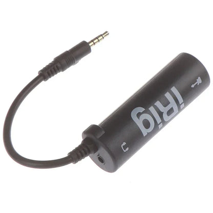 Black irig cylindrical guitar audio interface adapter with 3.5mm jack for phone guitar audio and interface guitar tuner use