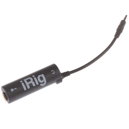 Black irig guitar audio interface adapter with short cable and two connectors for interface guitar tuner use