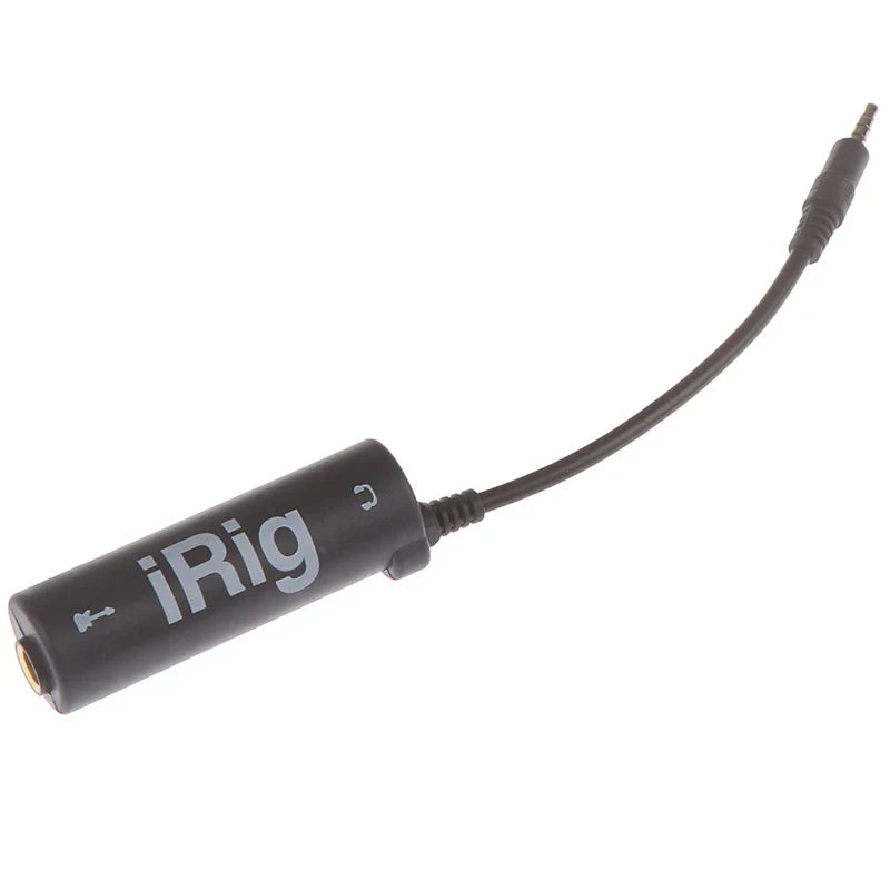Black irig guitar audio interface adapter with short cable and two connectors for interface guitar tuner use