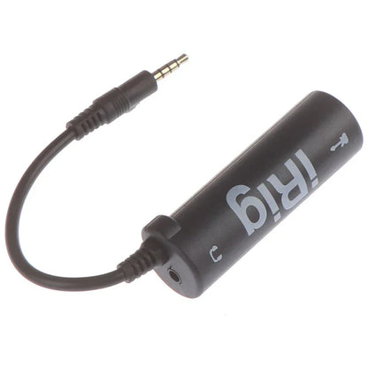 Black cylindrical irig guitar audio interface with silver branding and coiled 3.5mm jack cable for guitar line irig use