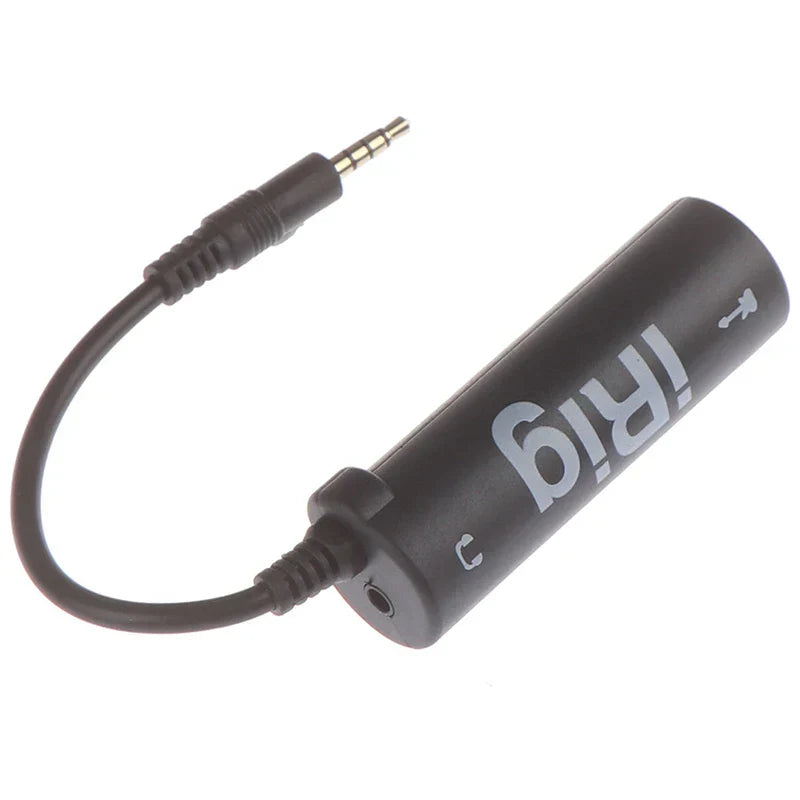 Black cylindrical irig guitar audio interface with 3.5mm jack and coiled cable for interface guitar tuner and guitar line irig