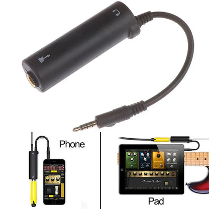 Black cylindrical guitar audio interface adapter with 3.5mm jack usb-c connector and white guitar headphones icons