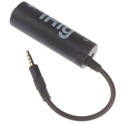Black cylindrical guitar audio interface adapter with 3.5mm jack and inig branding for guitar line irig use