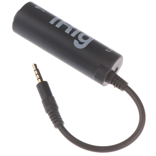 Black cylindrical guitar audio interface adapter with 3.5mm jack and inig branding for guitar line irig use