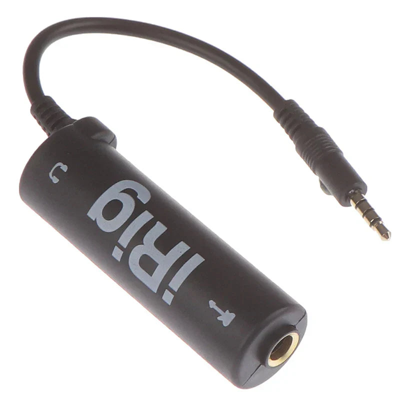 Black cylindrical irig guitar audio interface with gold-plated 3.5mm connectors and flexible cable for guitar line irig use