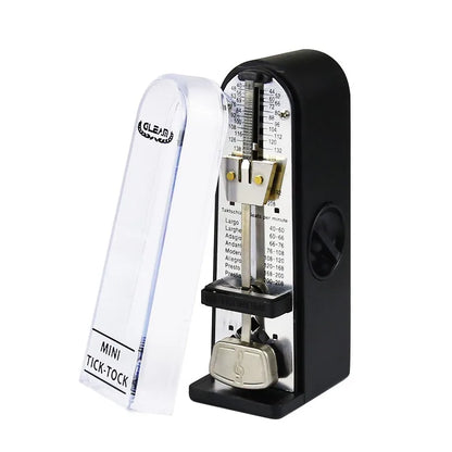 Black and silver guitar mechanical metronome with clear plastic cover and engraved musical tempo markings for violin musical accessories