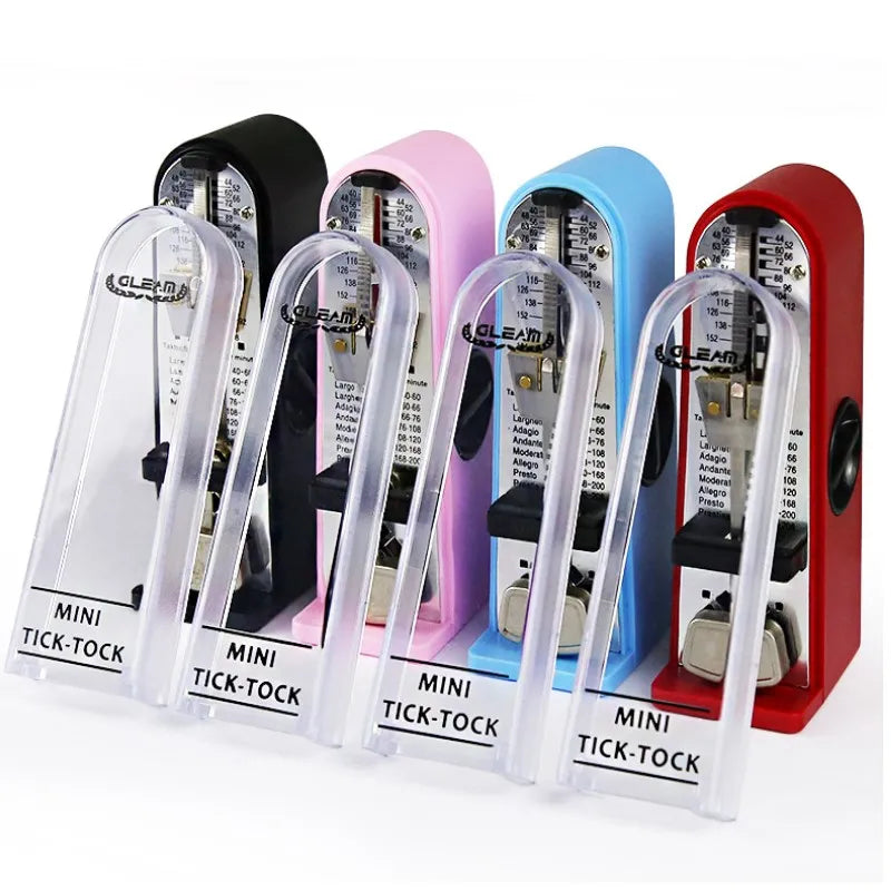 The gleam mini tick-tock is a compact colorful guitar mechanical metronome with transparent casing and black accents