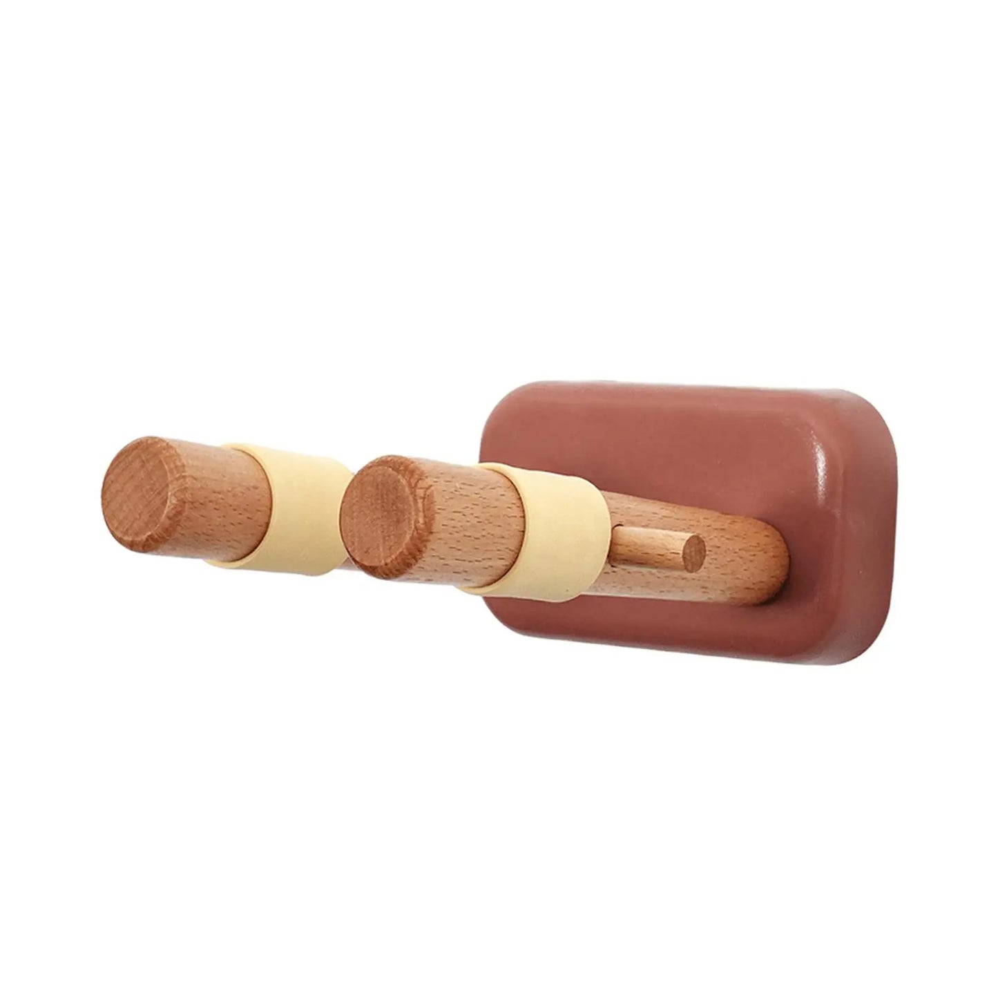 Brown wooden guitar hanger wall hook with two light silicone grips for electric bass studio and string instruments