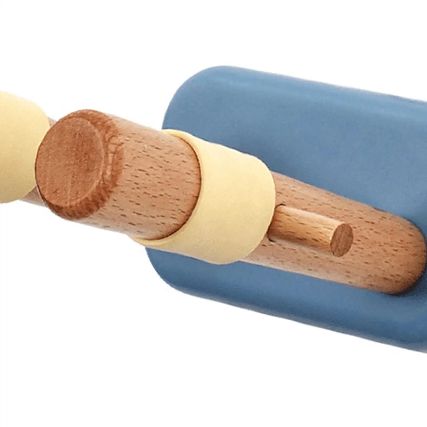 Blue foam guitar mount wall hook with light wood handle and cream rubber grip for electric bass studio use