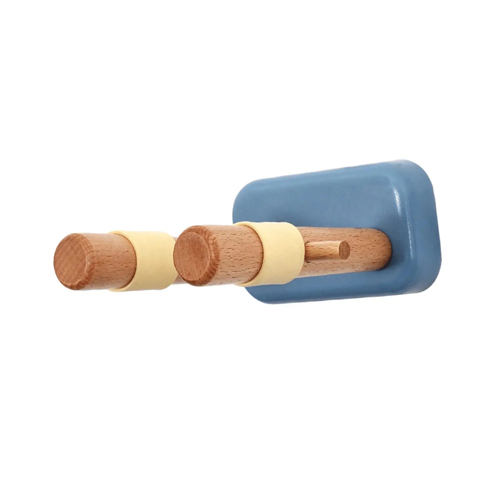Blue wooden guitar hanger wall hook with two beige silicone wrapped pegs for electric bass studio instruments