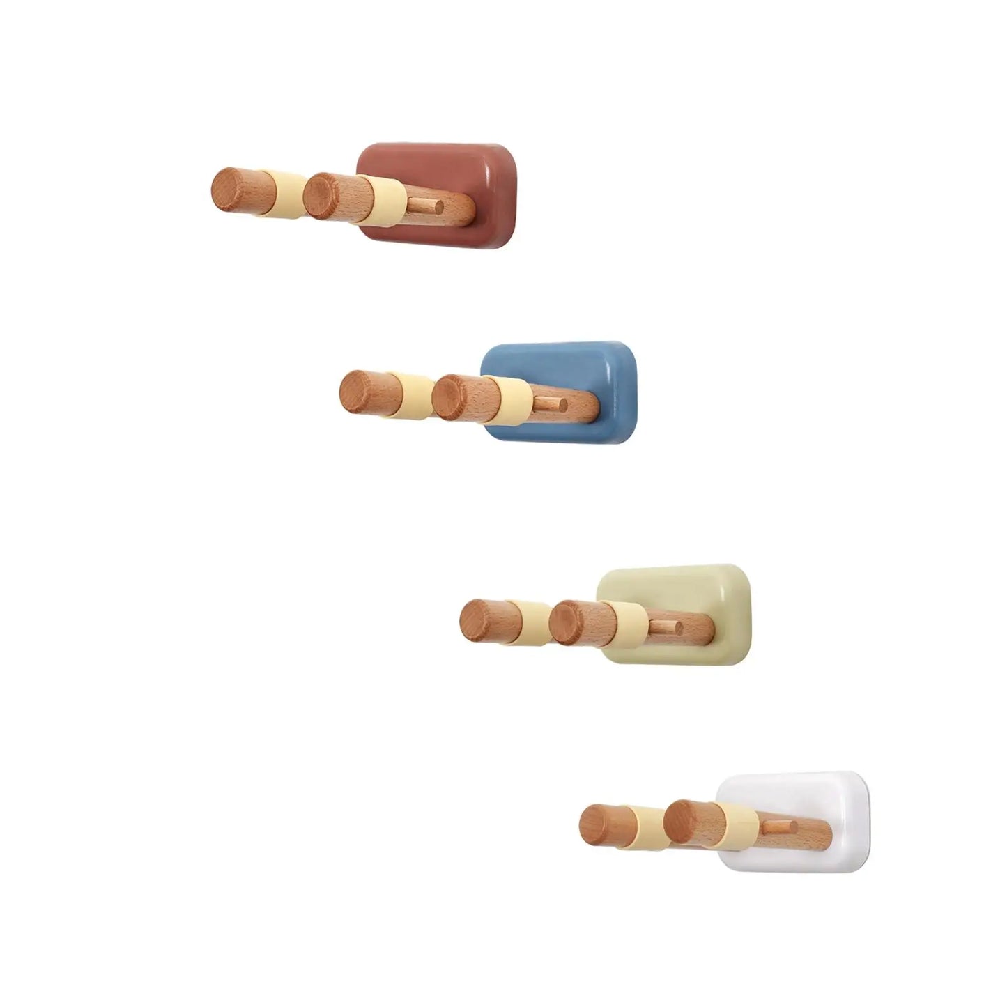 Set of four wooden guitar hanger wall hooks with colorful plastic bases for electric bass studio string instruments