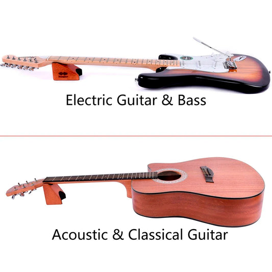 Sunburst-finished electric guitar with black pickguard resting on an orange wooden guitar neck rest bracket string instrument stand