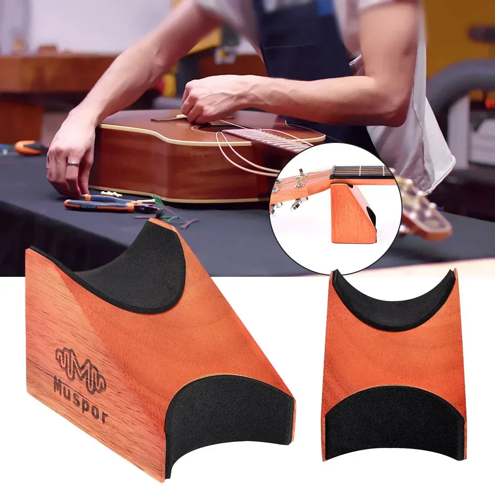 Wooden guitar neck rest bracket with black foam padding and muspor logo for universal string instrument stand