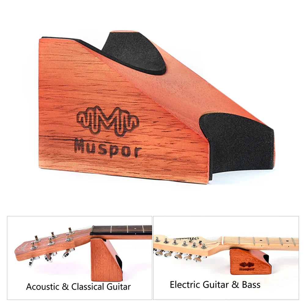 A wooden muspor guitar neck rest bracket with black foam padding for universal string instrument stand support