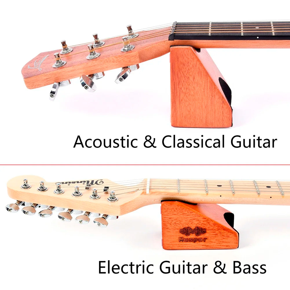 Wooden triangular guitar neck rest bracket with smooth finish and engraved logo for universal string instrument stand