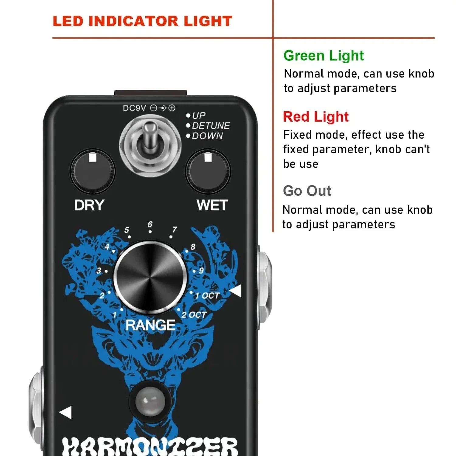 Black guitar pedal harmonizer effect with blue ornate design silver knobs true bypass pitch shift for electric guitar bass