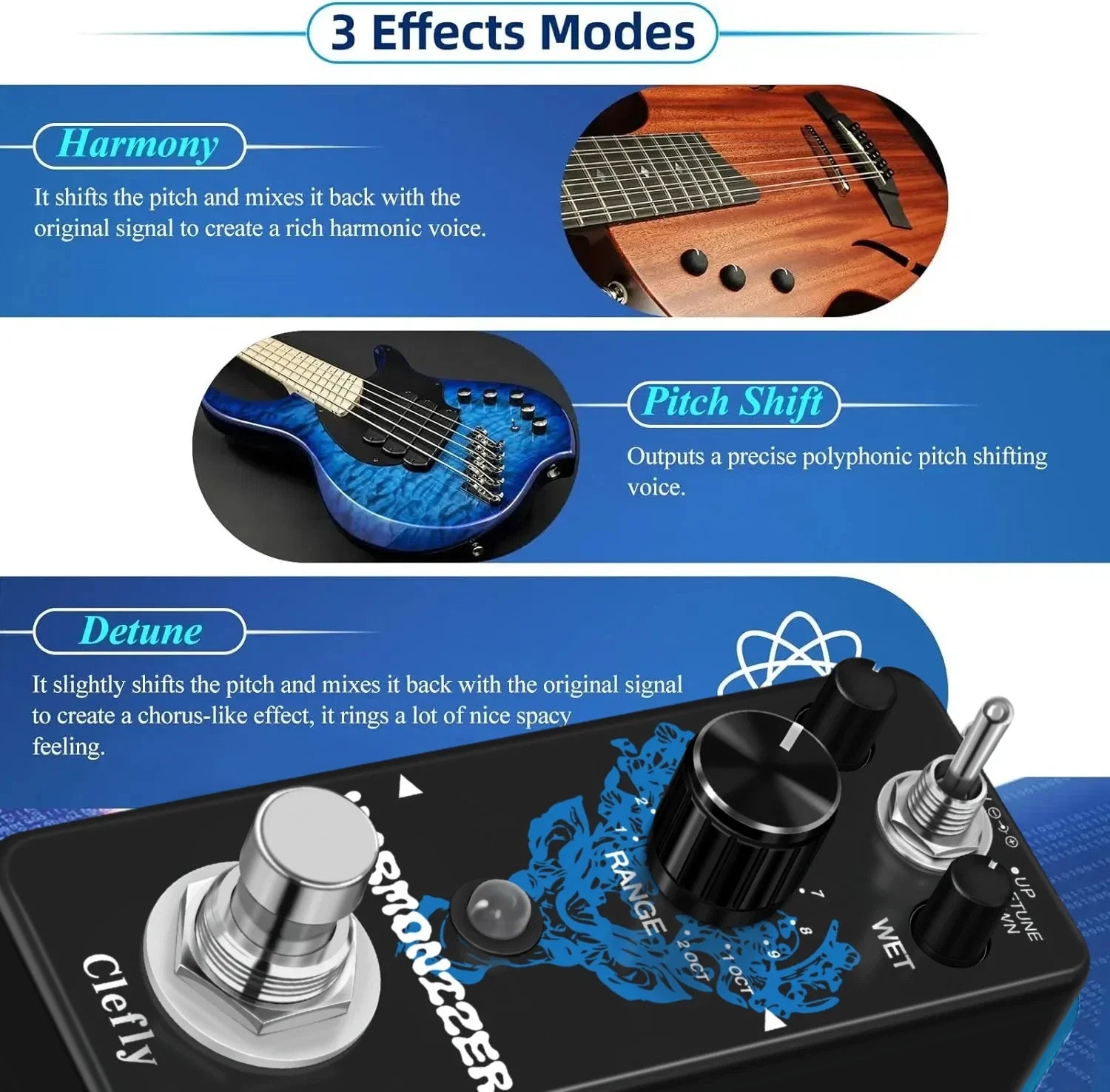 Black and blue clefly guitar pedal with skull design featuring true bypass and three knobs for pitch shift and harmony modes