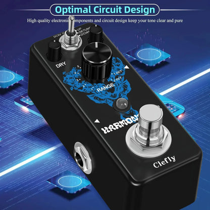 Black guitar pedal harmonizer effect with blue wolf graphic metallic knobs true bypass pitch shift for electric guitar bass