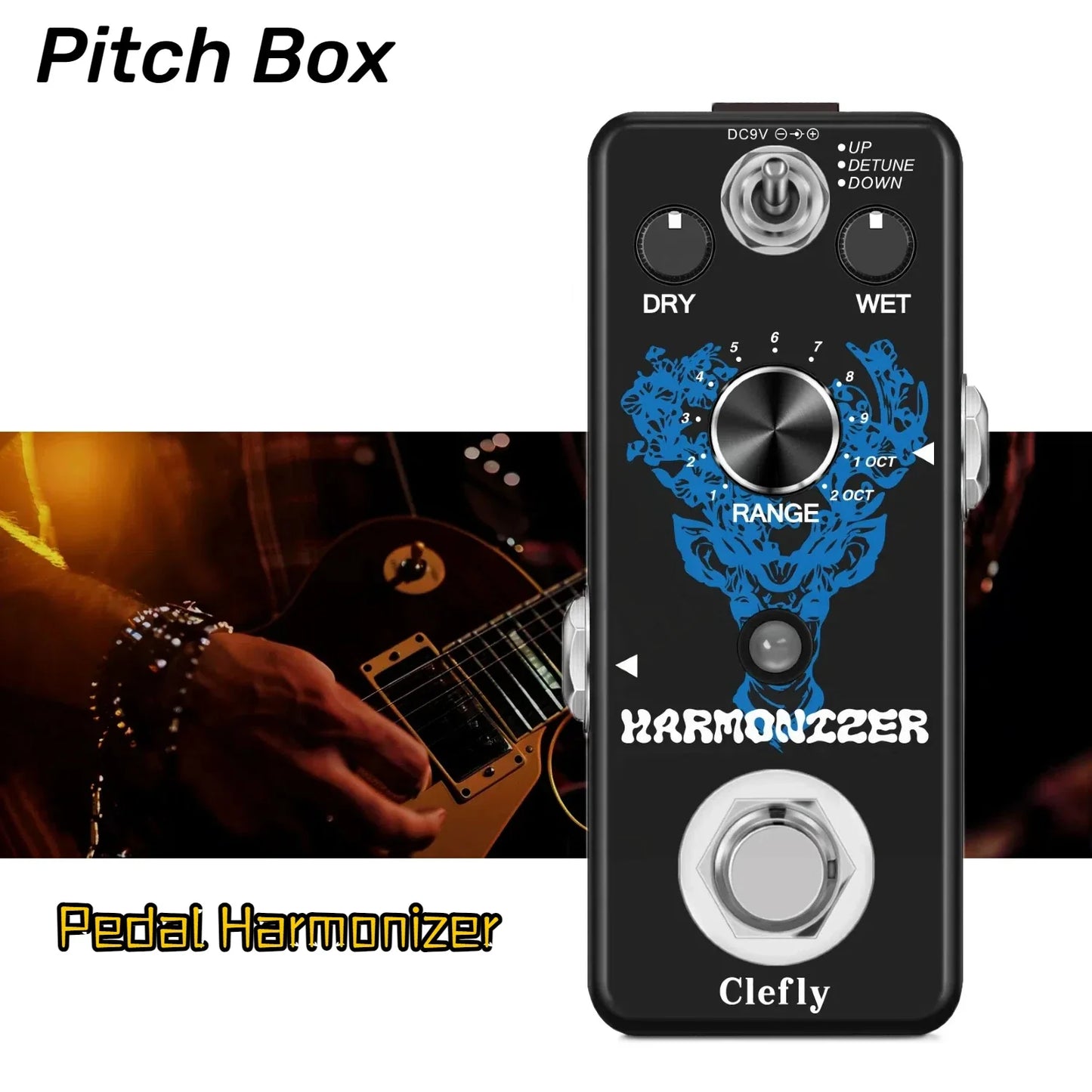 Black pitch box guitar pedal harmonizer with blue skull design silver knobs true bypass pitch shift effect for electric guitar