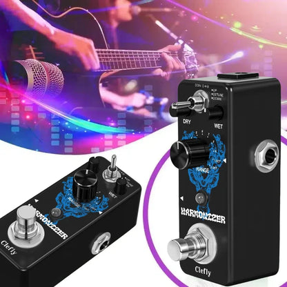 Black clefly harmon22er guitar pedal with blue ornate designs and silver knobs features true bypass and pitch shift effects