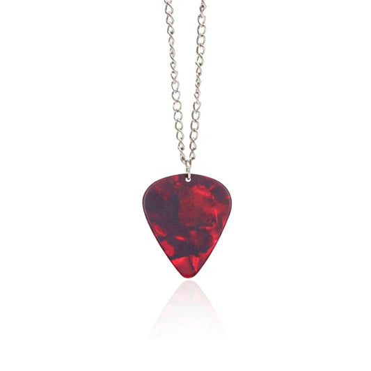 A vibrant red translucent guitar pick necklace heart ruby pendant on a delicate silver chain for strange horror things
