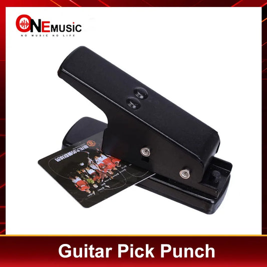 Black plastic guitar pick punch with ergonomic design and silver metal screws for pick punch diy and guitar tools card use