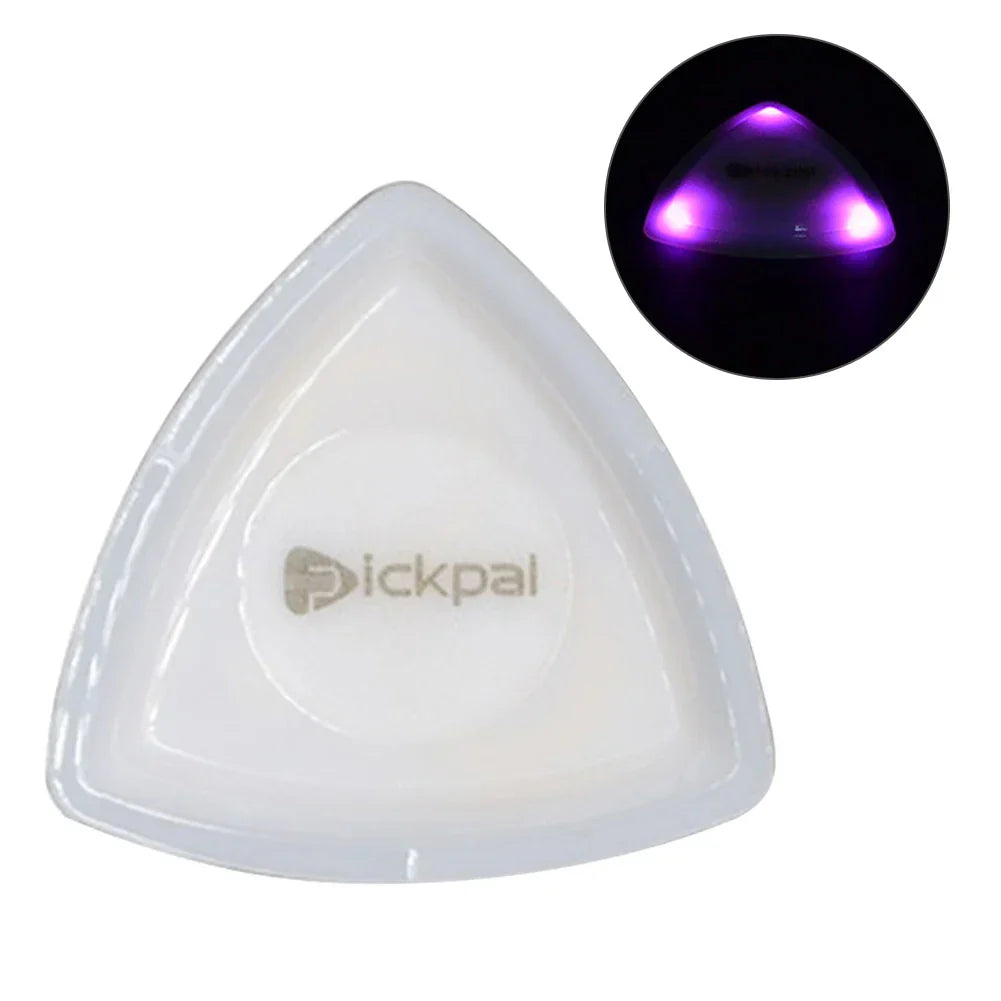 White triangular guitar pick with purple glowing led light for bass electric guitarists instrument glowing plectrum